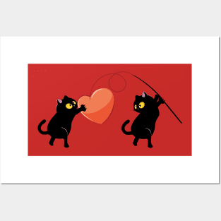 Black cat couple catch a heart Posters and Art